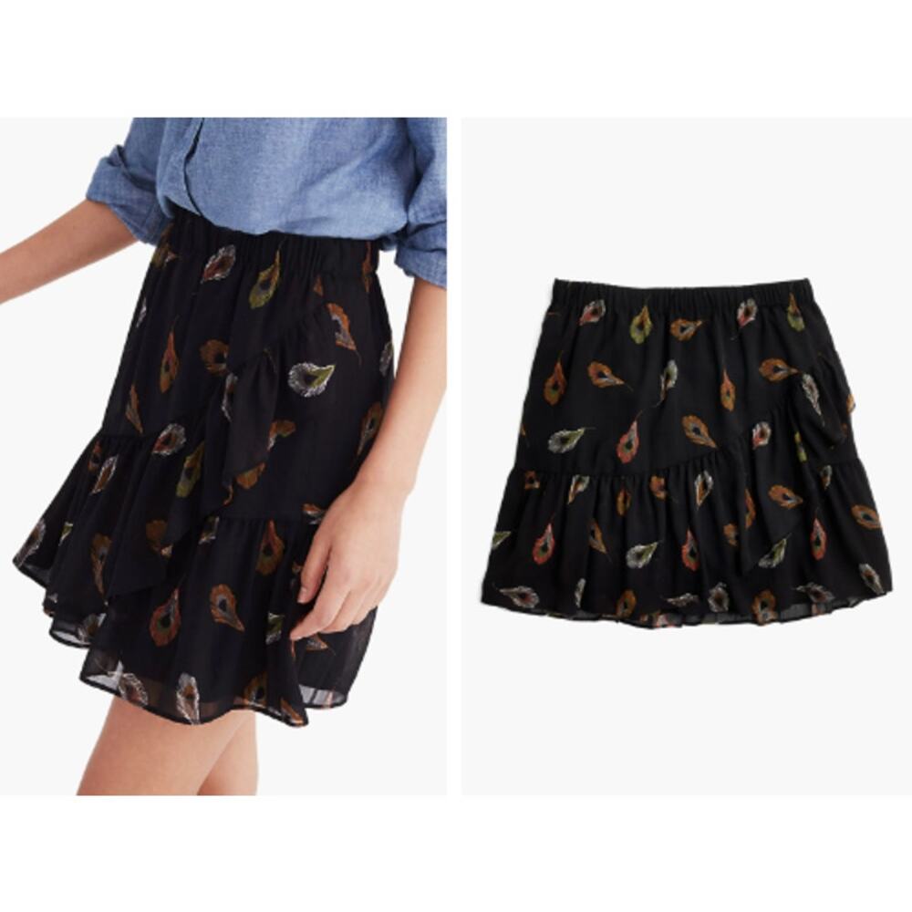 Madewell XXS Ruffle Edge Miniskirt In Peacock True Black Animal Print Pull On - Picture 11 of 11